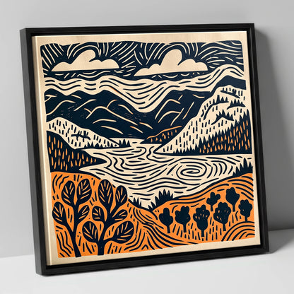 Winding Lake and Terracotta Fells lake district lake canvas wall art in black frame