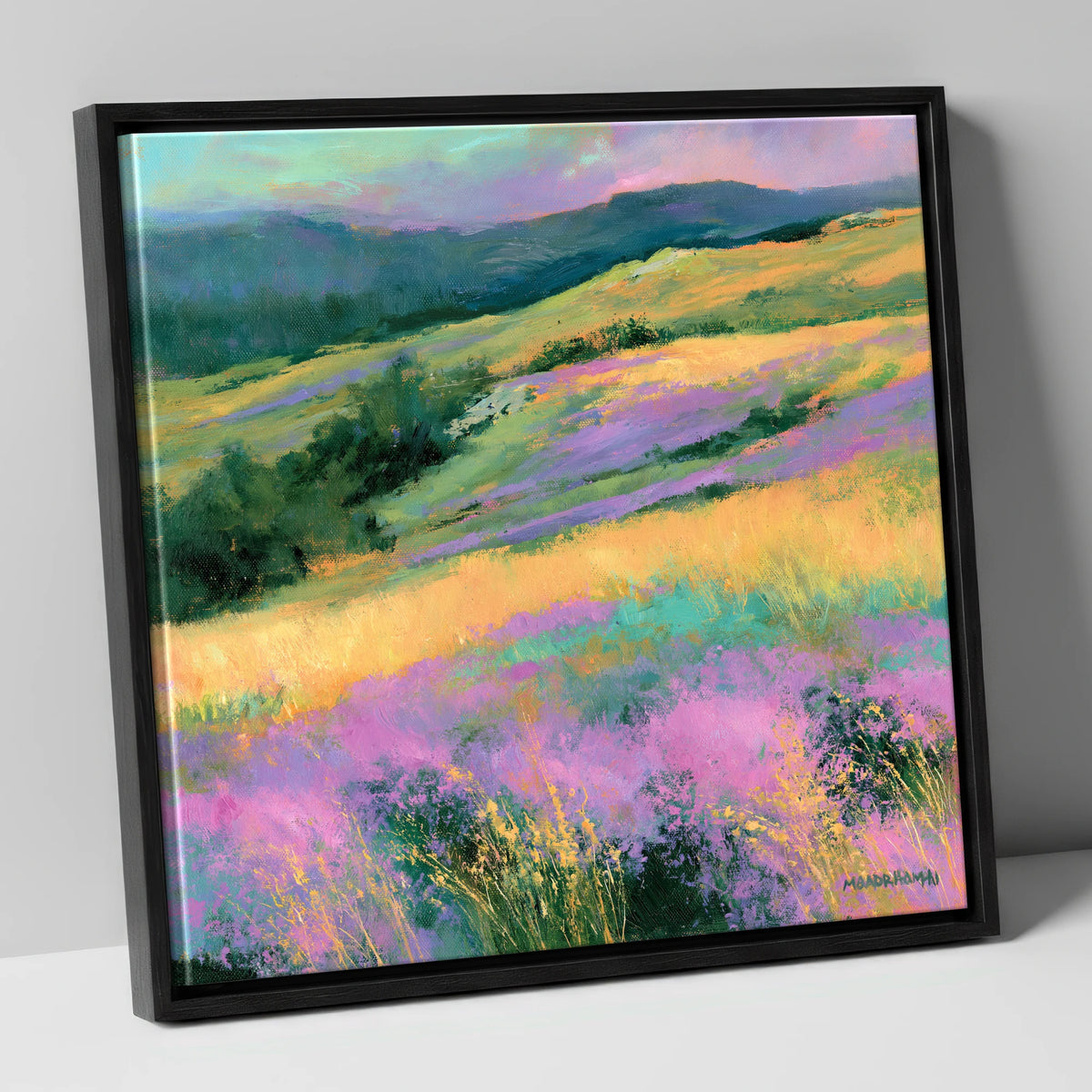 Vibrant Heather on the Fellside flowers & fellsides canvas wall art in black frame