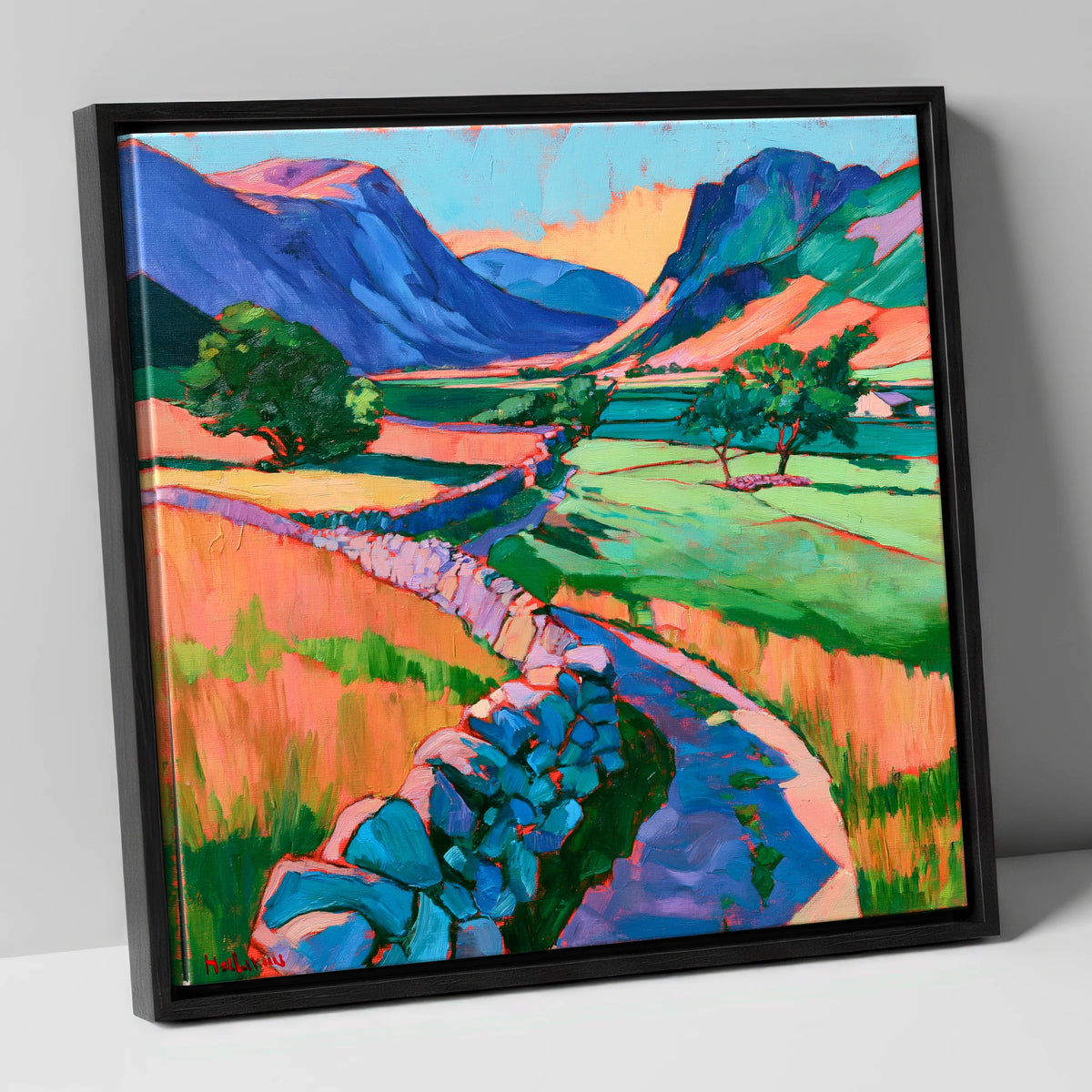 Drystone Wall through a Vibrant Valley lake district valley canvas wall art in black frame