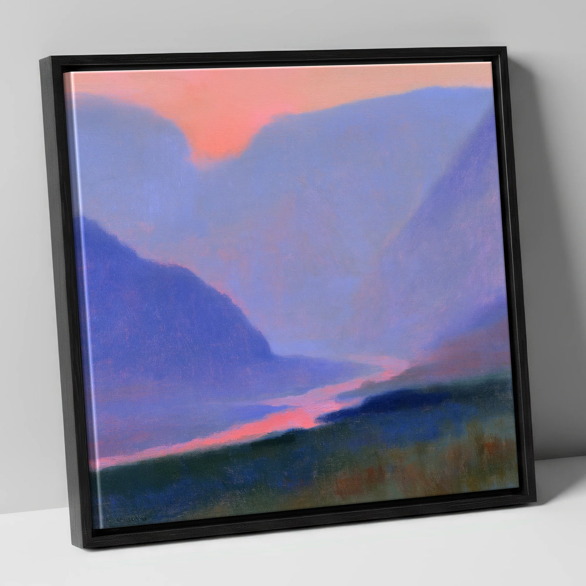 Twilight River Through Indigo Fells lake district waterfall canvas wall art in black frame