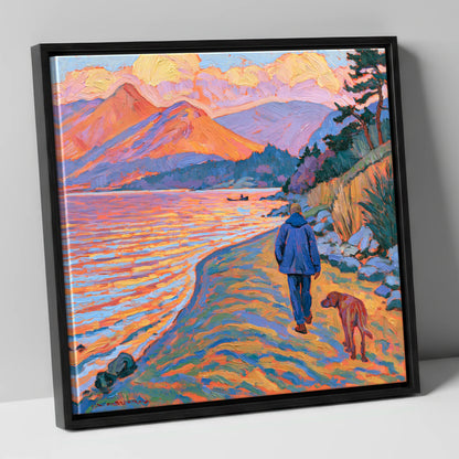 Vibrant Derwentwater Dog Walk gifts for dog walkers canvas wall art in black frame