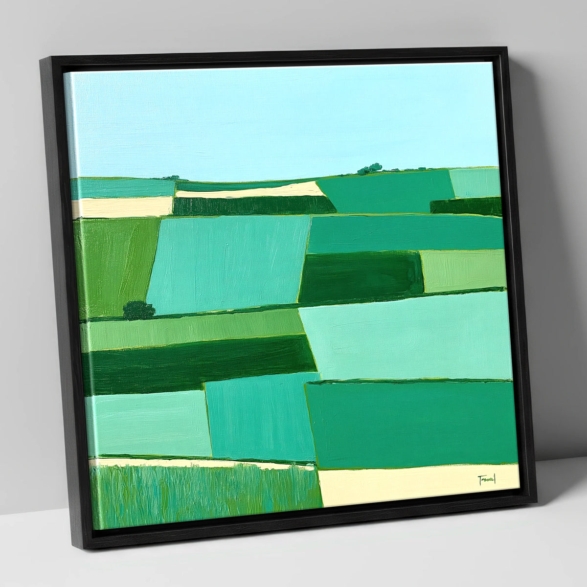 Green Patchwork Dale Fields lake district valley canvas wall art in black frame
