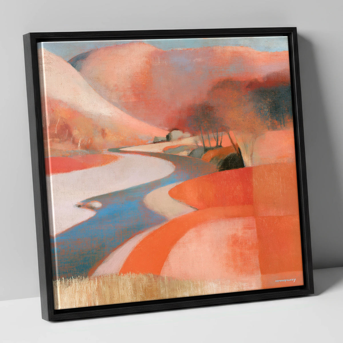 Winding Valley River in Terracotta lake district waterfall canvas wall art in black frame