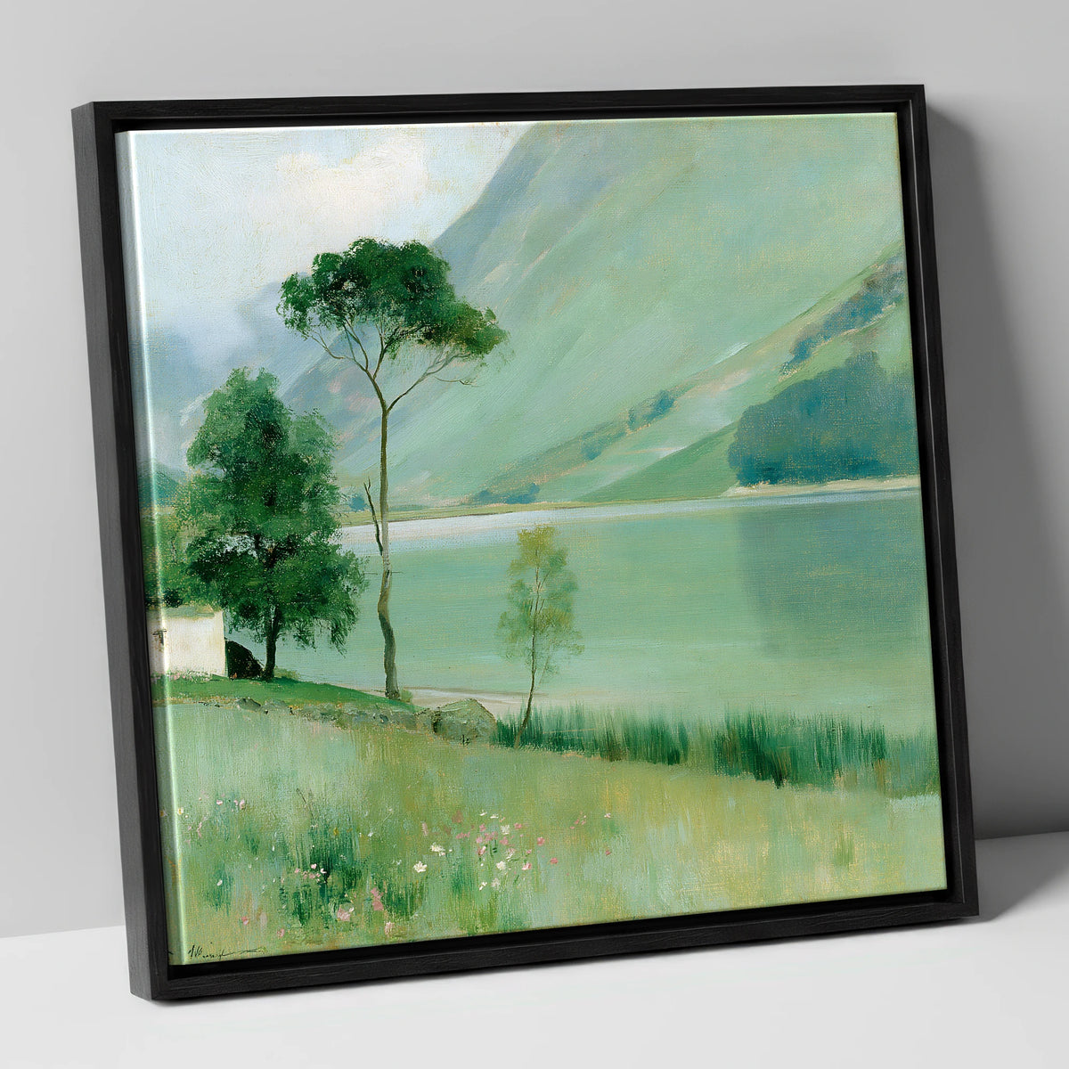Buttermere in Soft Sage Green lake district lake canvas wall art in black frame