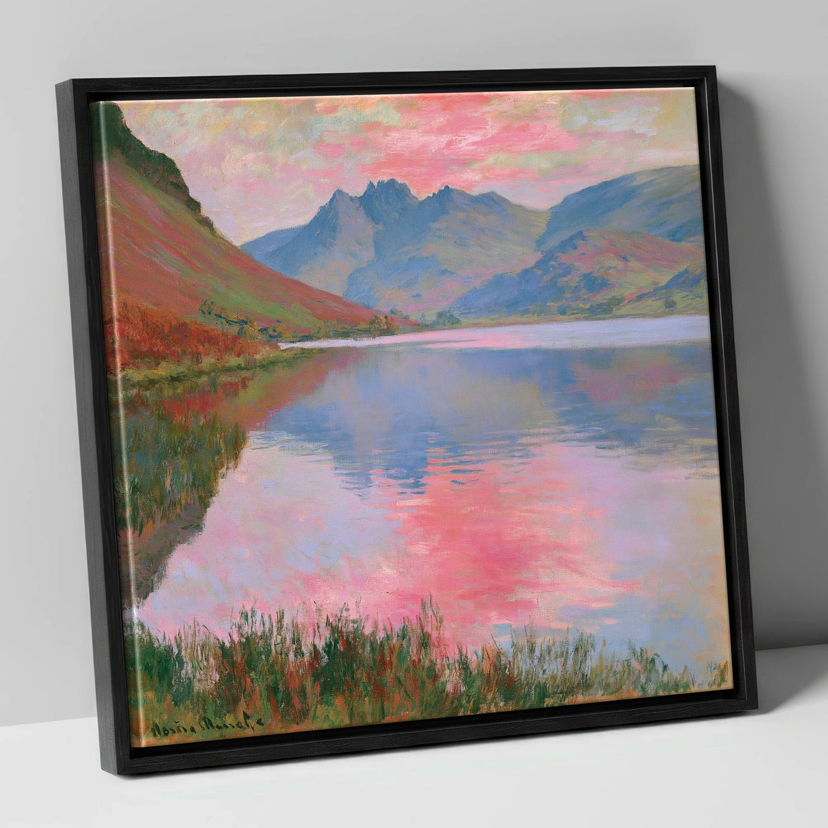 Pink Sunset Reflections on Loweswater lake district lake canvas wall art in black frame