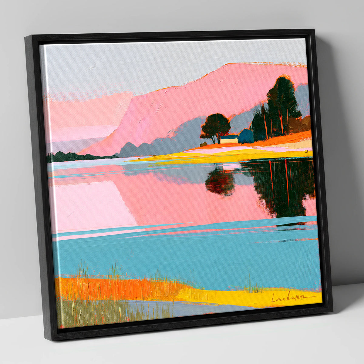 Still Lake and Pink Fells lake district lake canvas wall art in black frame