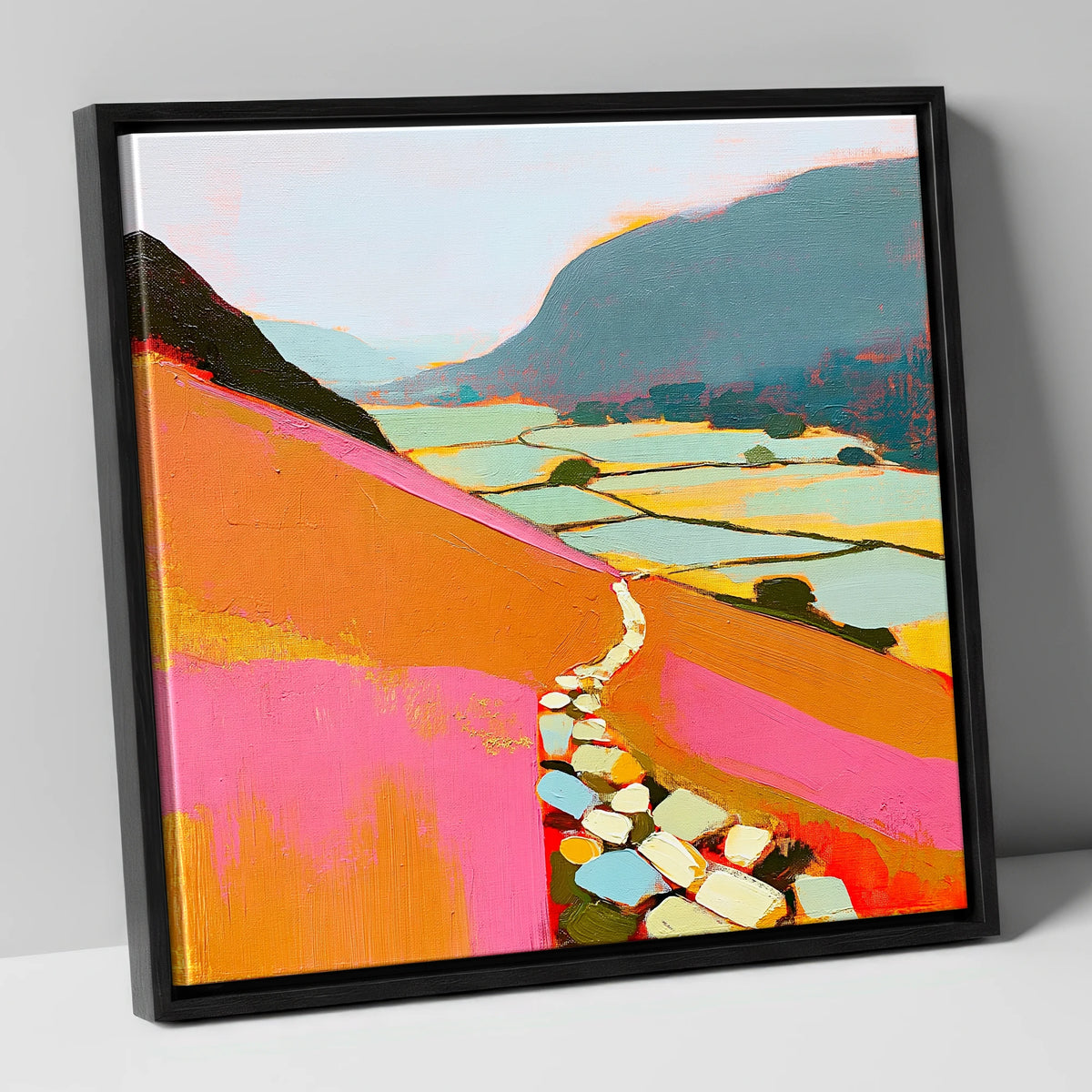 Colourful Fell Path to Patterdale lake district village canvas wall art in black frame