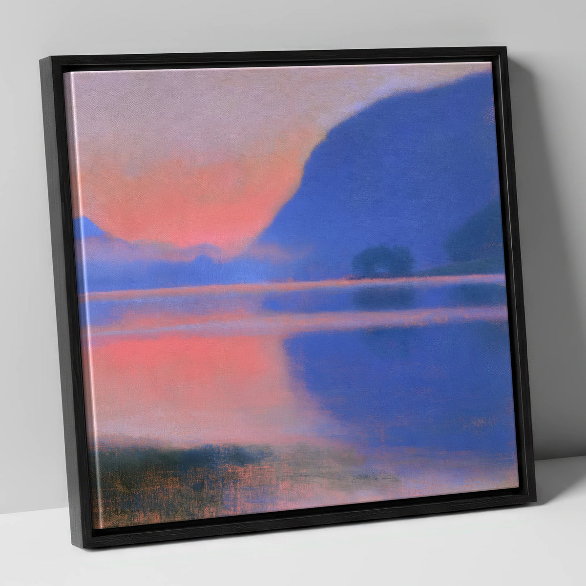 Pink Dawn Over Still Lake lake district lake canvas wall art in black frame