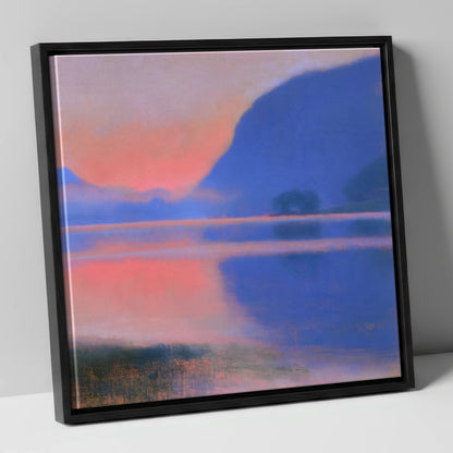 Pink Dawn Over Still Lake lake district lake canvas wall art in black frame