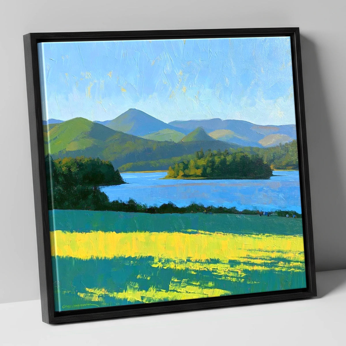 Sunlit Derwentwater From Crow Park lake district village canvas wall art in black frame