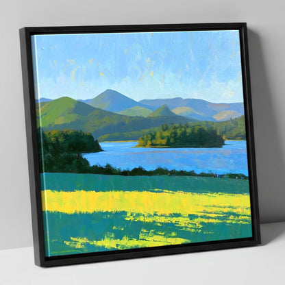 Sunlit Derwentwater From Crow Park lake district village canvas wall art in black frame