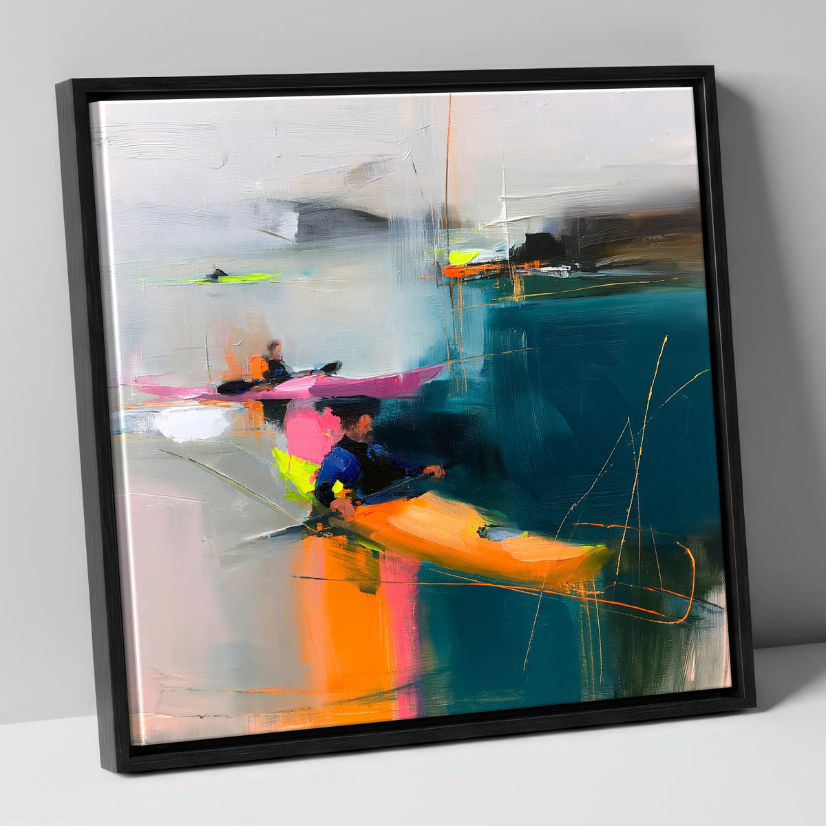 Vibrant Kayaks on Teal Water lake district walking canvas wall art in black frame
