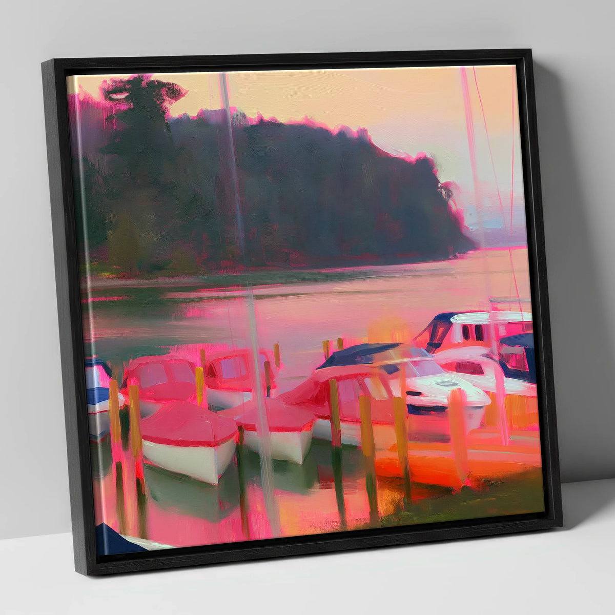 Neon Sunset Over Windermere Boats lake district lake canvas wall art in black frame