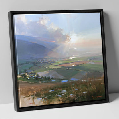 Sunburst Over a Lakeland Dale lake district valley canvas wall art in black frame