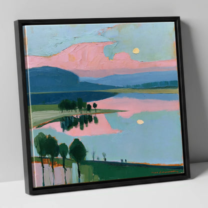 Blush Pink Lake at Dawn lake district lake canvas wall art in black frame