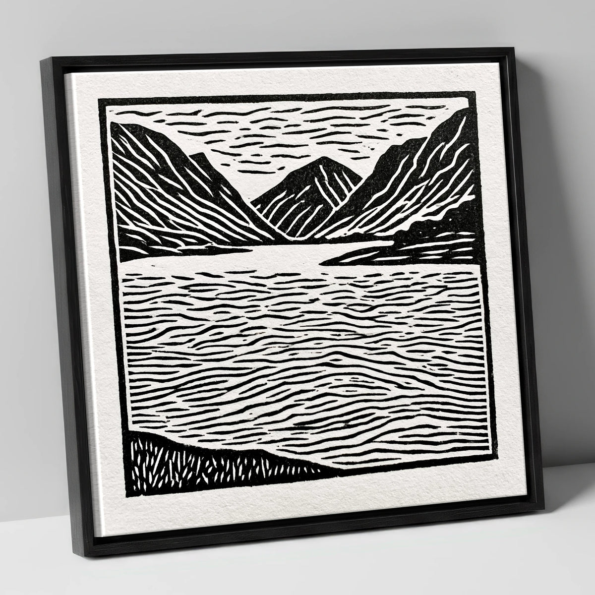 Lake and Fells in Monochrome lake district lake canvas wall art in black frame