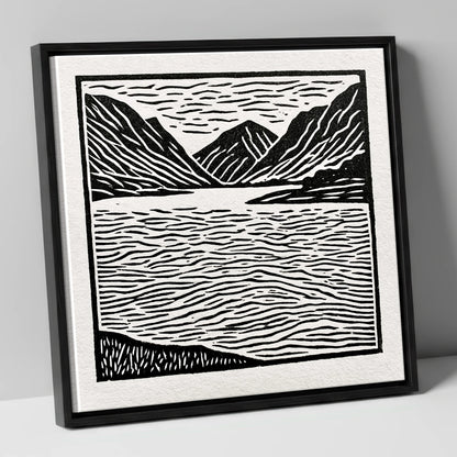 Lake and Fells in Monochrome lake district lake canvas wall art in black frame