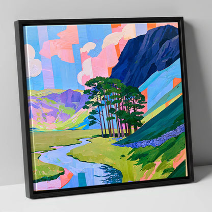Vibrant Pines Below Haystacks lake district fell canvas wall art in black frame