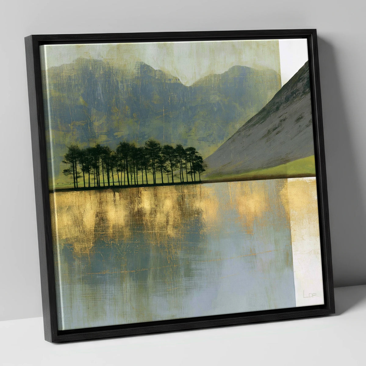 Buttermere Pines in Slate and Gold lake district lake canvas wall art in black frame