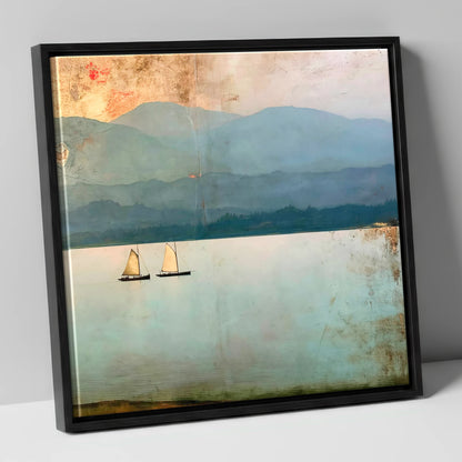 Windermere Sailboats Beneath Ochre Skies lake district lake canvas wall art in black frame