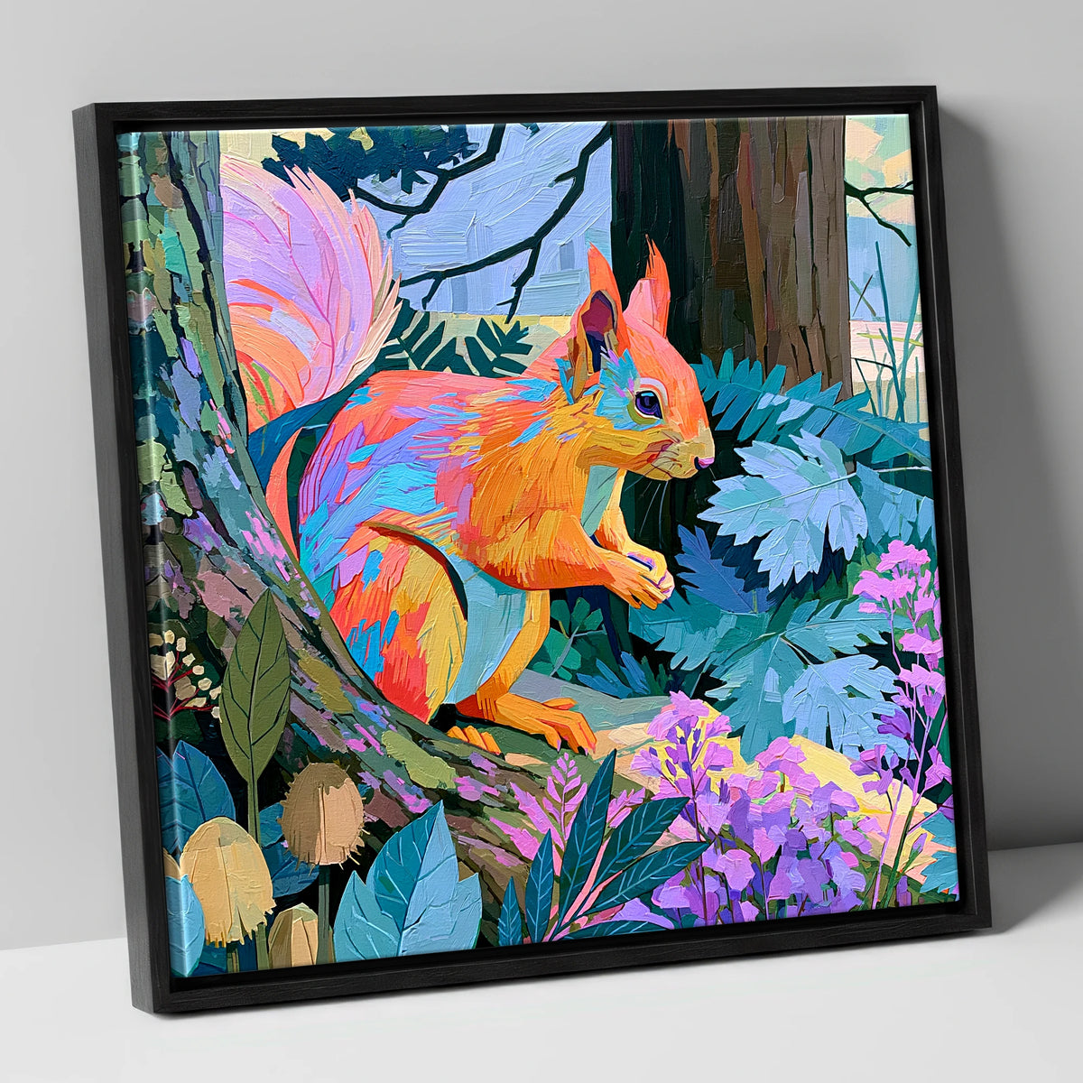 Vibrant Woodland Red Squirrel lake district wildlife canvas wall art in black frame