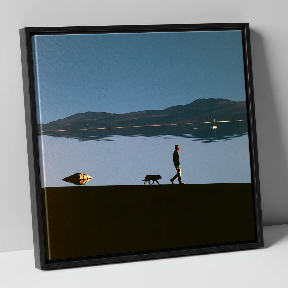 Windermere Dog Walk Silhouette gifts for dog walkers canvas wall art in black frame