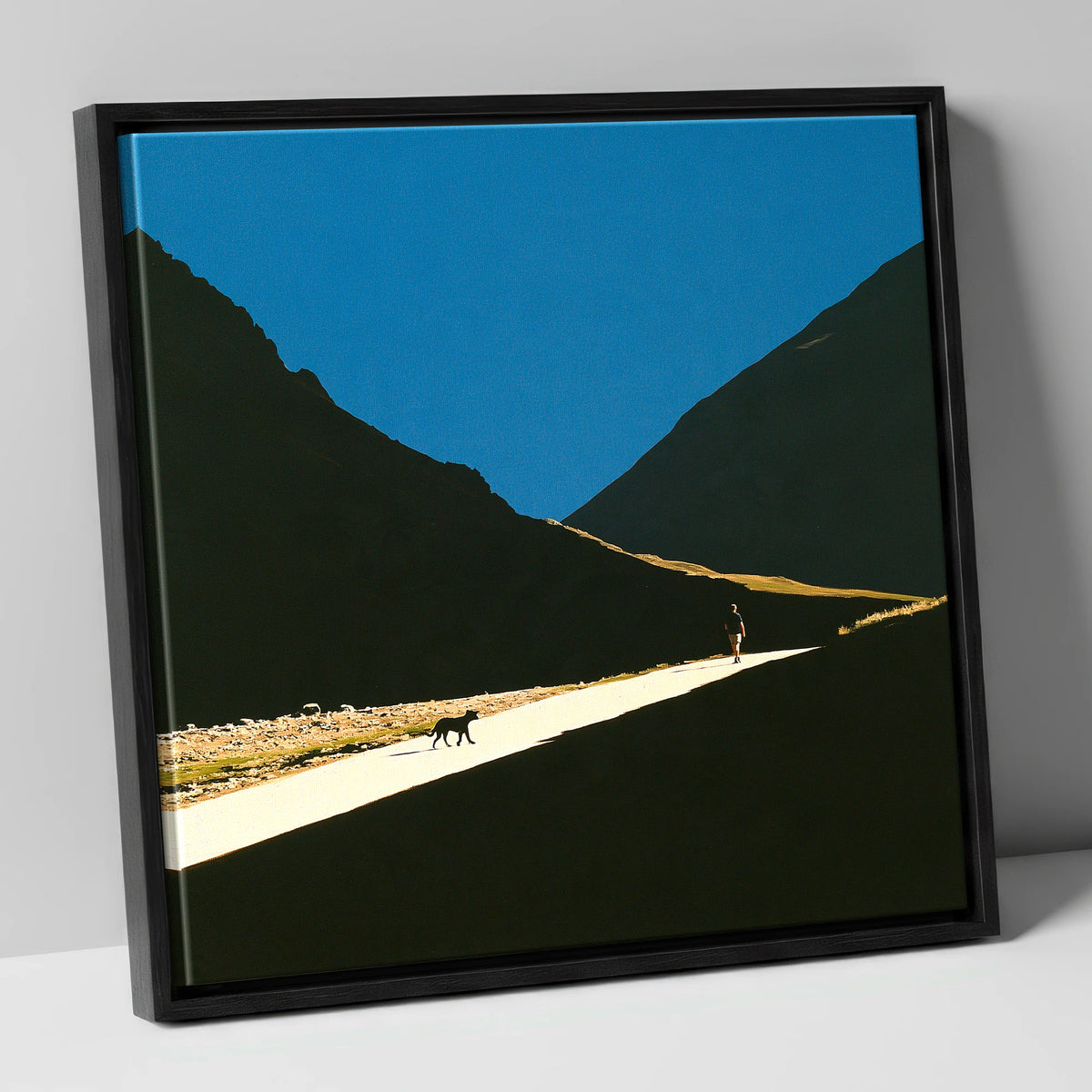 Silhouettes on Sunlit Wasdale Path gifts for dog walkers canvas wall art in black frame