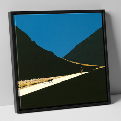 Silhouettes on Sunlit Wasdale Path gifts for dog walkers canvas wall art in black frame