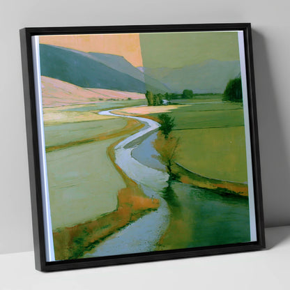 River Valley in Sage and Apricot lake district waterfall canvas wall art in black frame