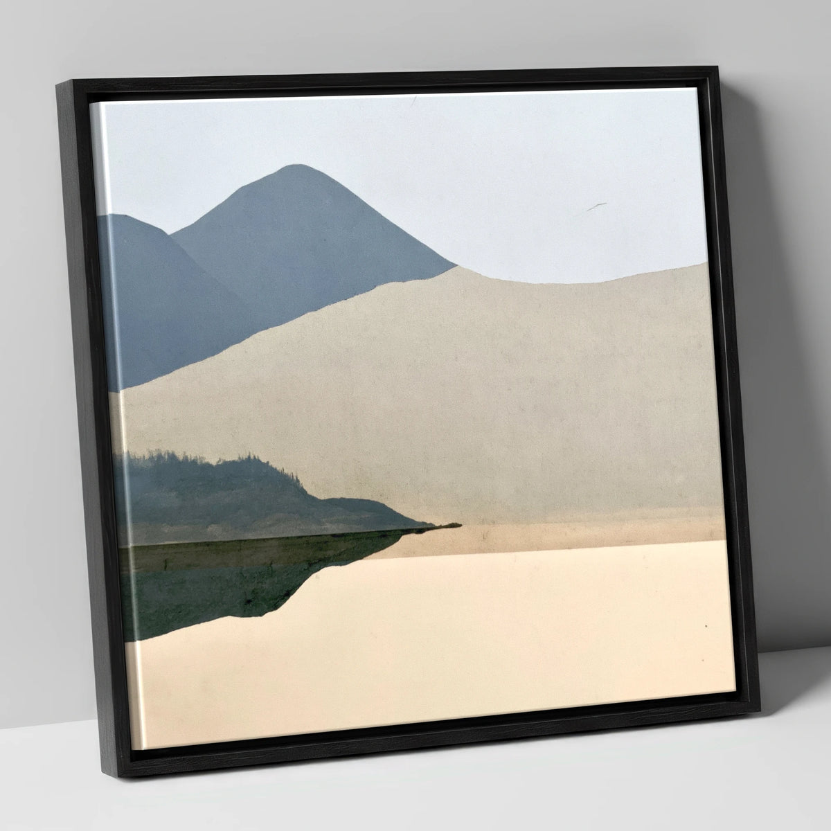 Lakeshore Reflection and Slate Blue Fells lake district lake canvas wall art in black frame