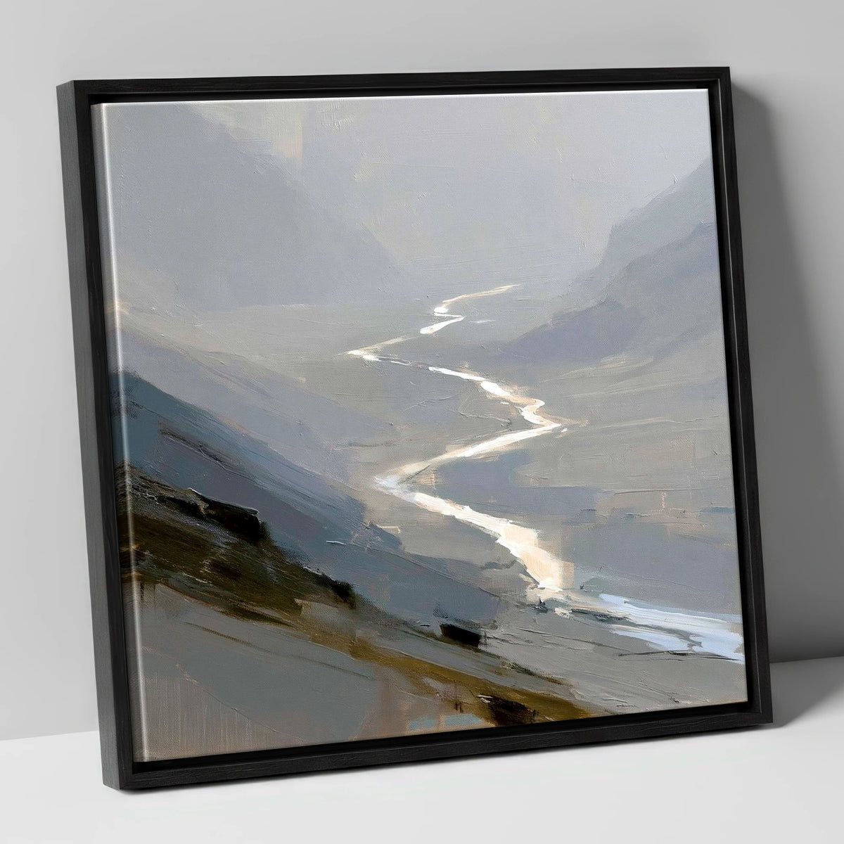 Winding River in Misty Valley lake district waterfall canvas wall art in black frame