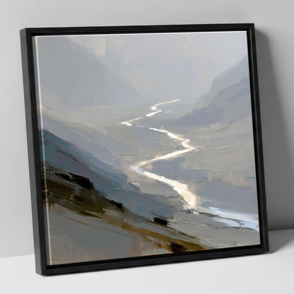 Winding River in Misty Valley lake district waterfall canvas wall art in black frame