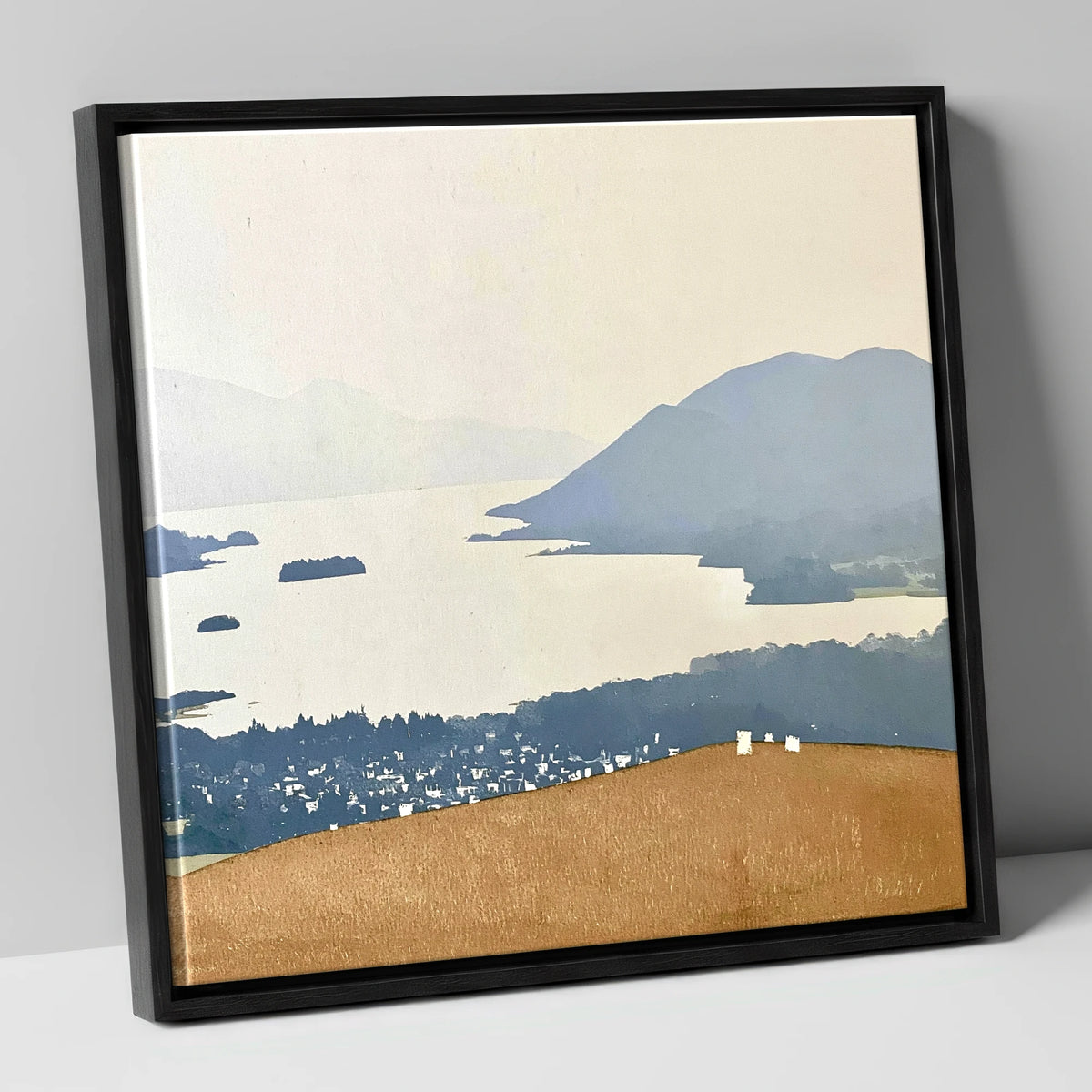 Misty Derwentwater from Latrigg lake district village canvas wall art in black frame