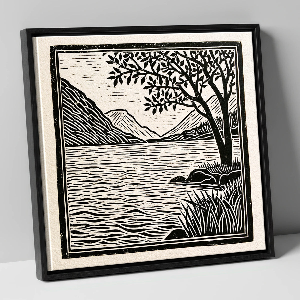 Graphic Lake Fells at Dawn lake district lake canvas wall art in black frame