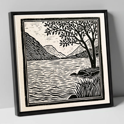Graphic Lake Fells at Dawn lake district lake canvas wall art in black frame
