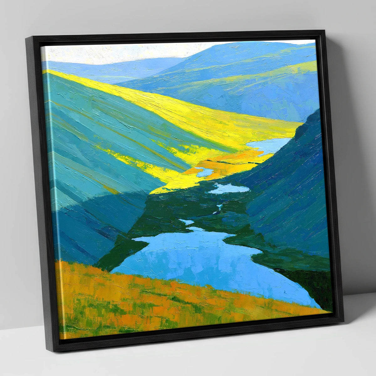 Sunlit Fells over Deep Blue Tarns lake district fell canvas wall art in black frame