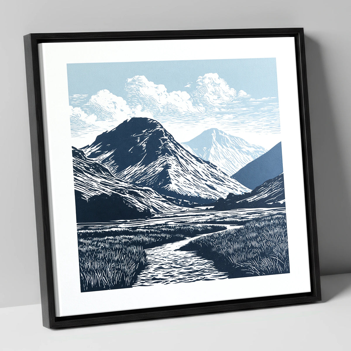 Scafell Pike in Deep Navy lake district fell canvas wall art in black frame
