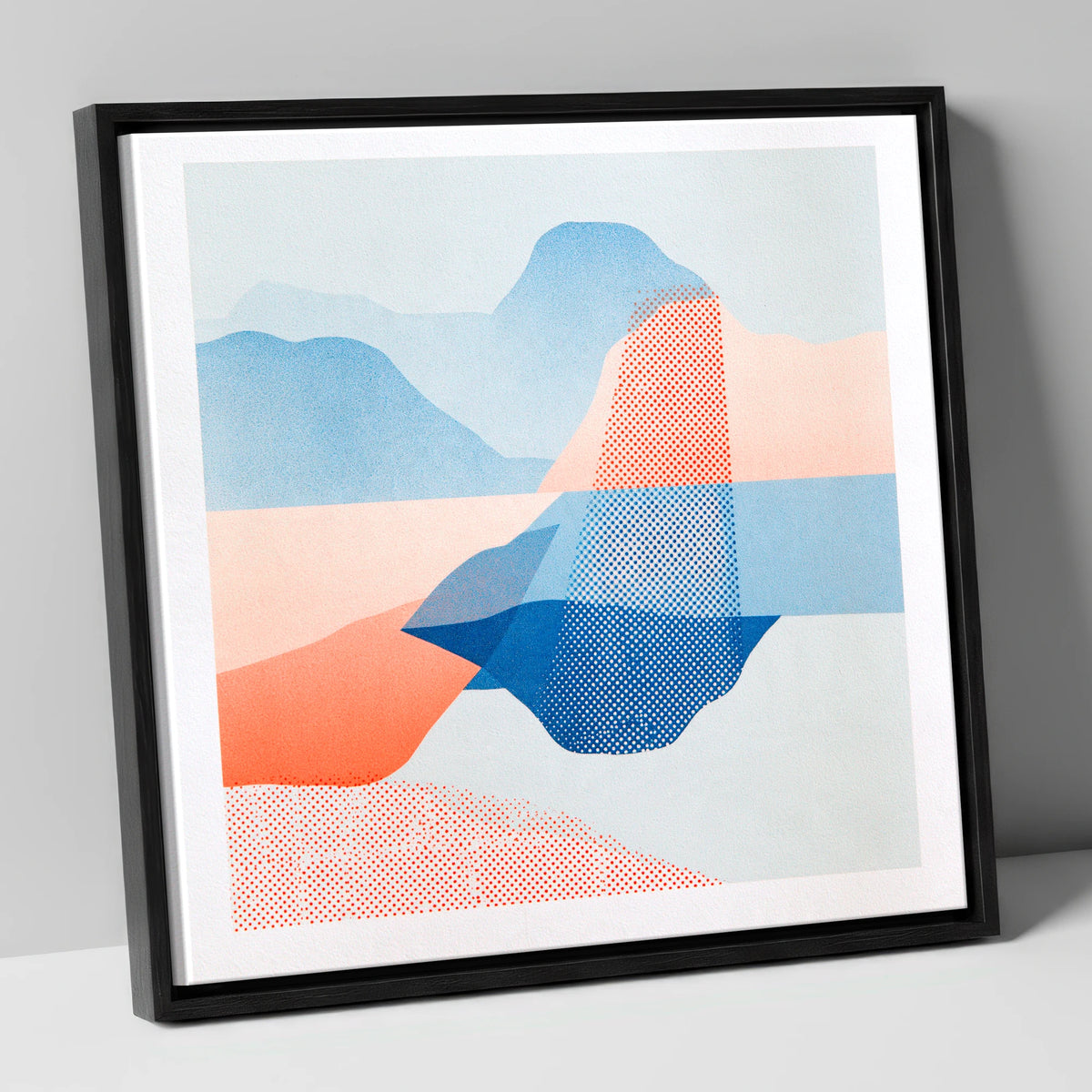 Abstract Grasmere in Coral and Cerulean lake district lake canvas wall art in black frame