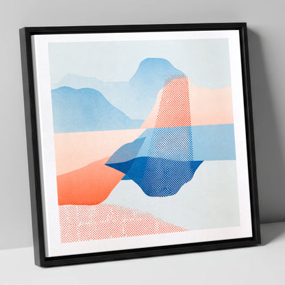 Abstract Grasmere in Coral and Cerulean lake district lake canvas wall art in black frame