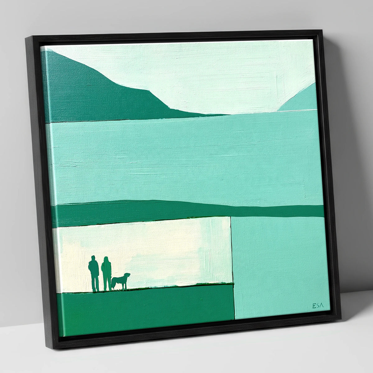 Glenridding Dog Walkers in Teal gifts for dog walkers canvas wall art in black frame