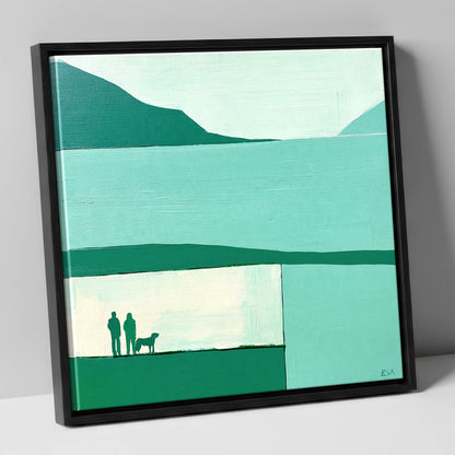 Glenridding Dog Walkers in Teal gifts for dog walkers canvas wall art in black frame