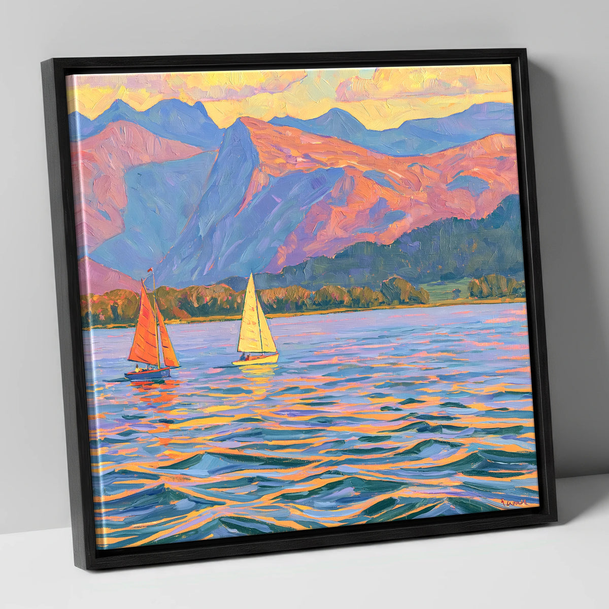 Colourful Evening Sails on Windermere lake district lake canvas wall art in black frame
