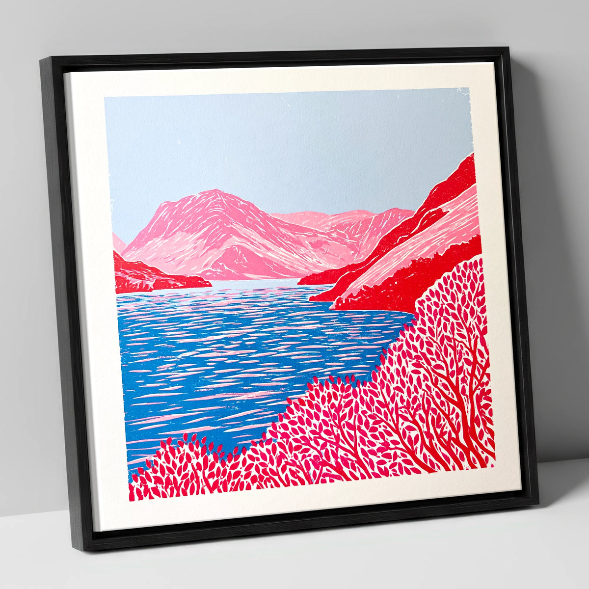 Vibrant Red Crummock Water lake district lake canvas wall art in black frame