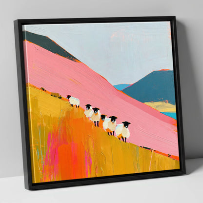 Vibrant Herdwick Sheep on Fellside lake district wildlife canvas wall art in black frame