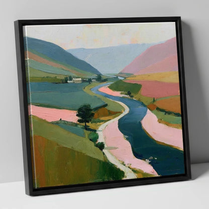 Winding River Valley in Pink lake district waterfall canvas wall art in black frame