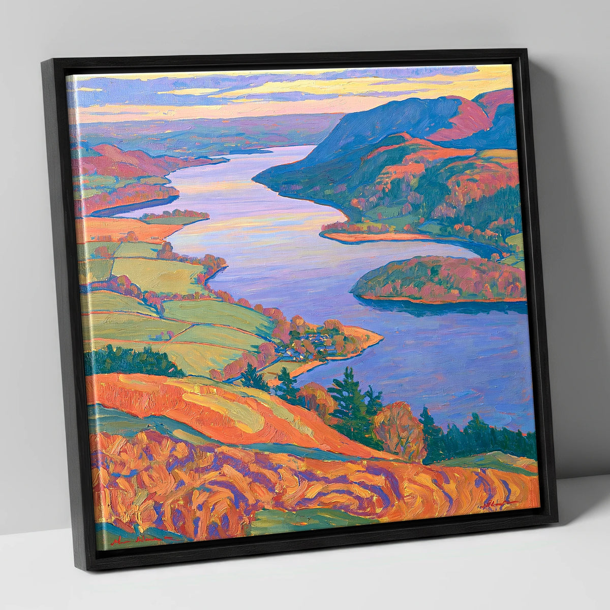 Bold Ullswater and Pooley Bridge lake district village canvas wall art in black frame