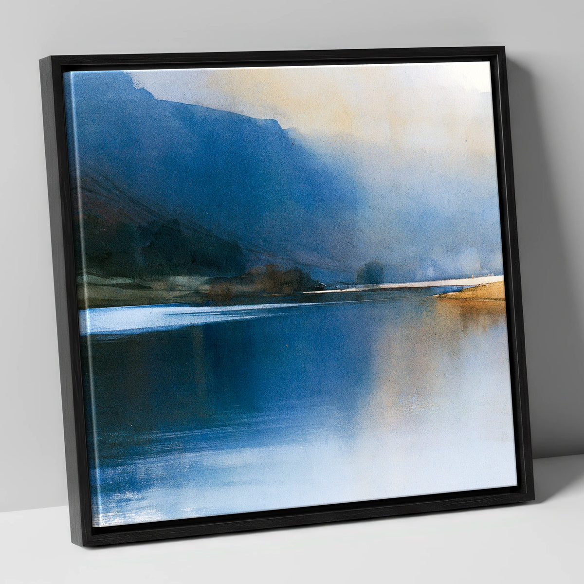 Indigo Fells and Lake Mist lake district lake canvas wall art in black frame
