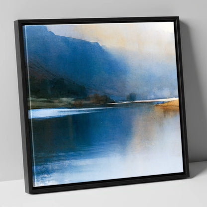 Indigo Fells and Lake Mist lake district lake canvas wall art in black frame