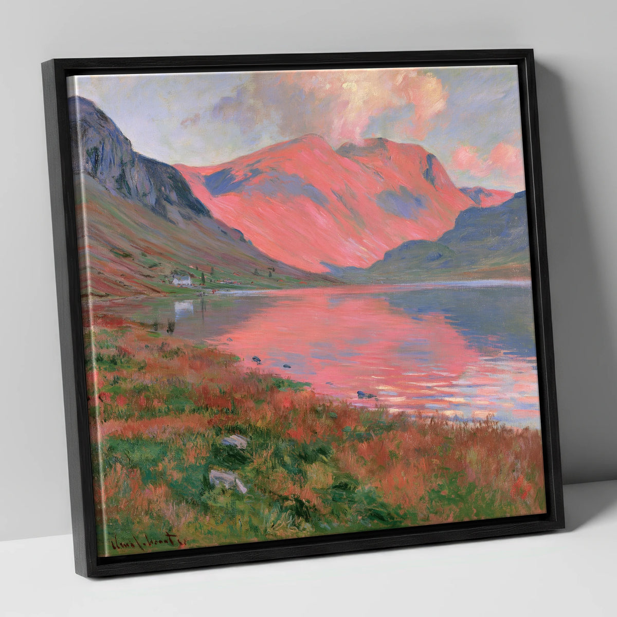 Mountain Lake with Pink Sunset lake district lake canvas wall art in black frame