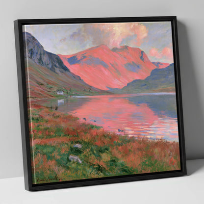 Mountain Lake with Pink Sunset lake district lake canvas wall art in black frame